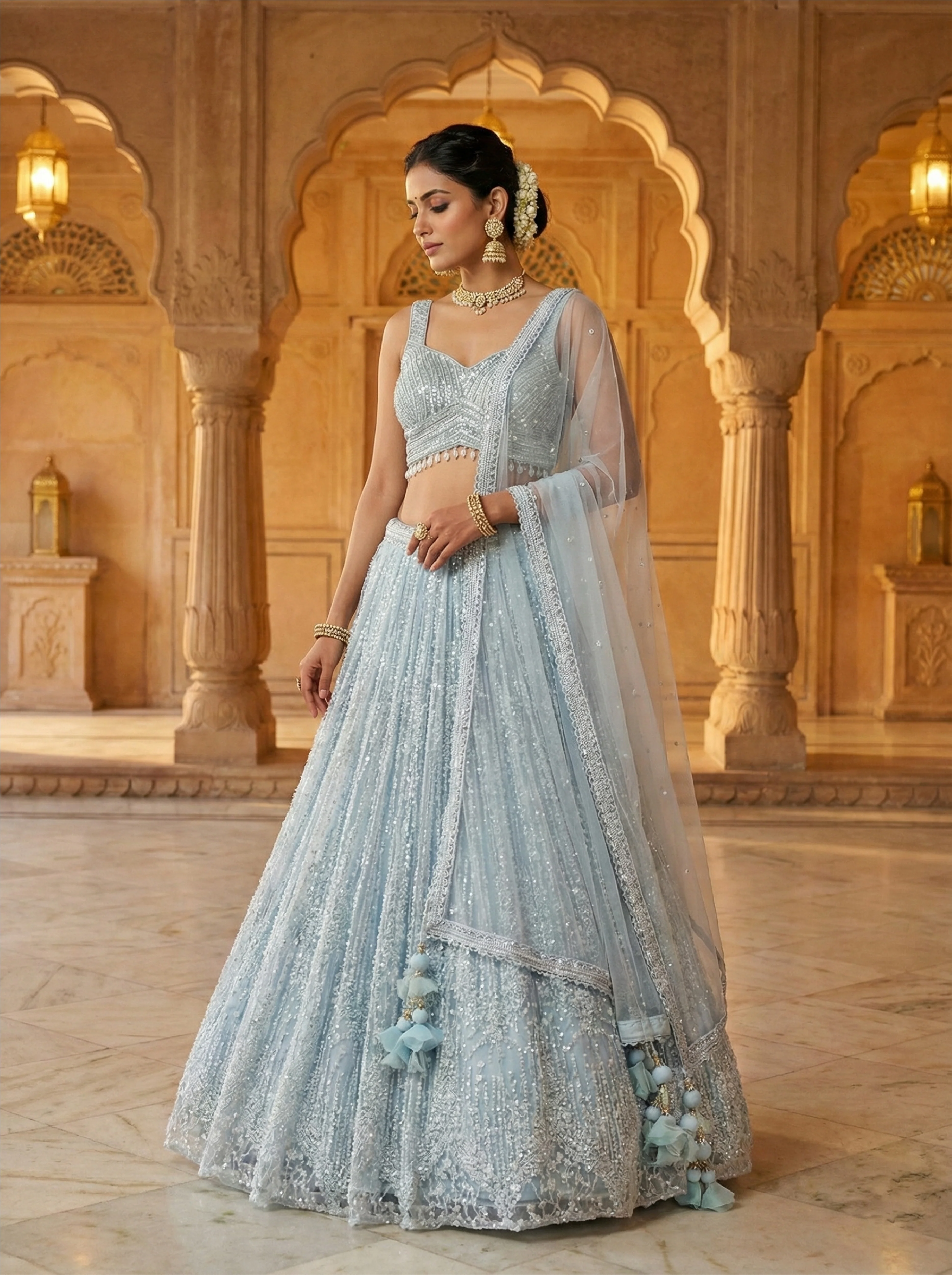Ice Blue Net Hand Embroidered Ghagra Set