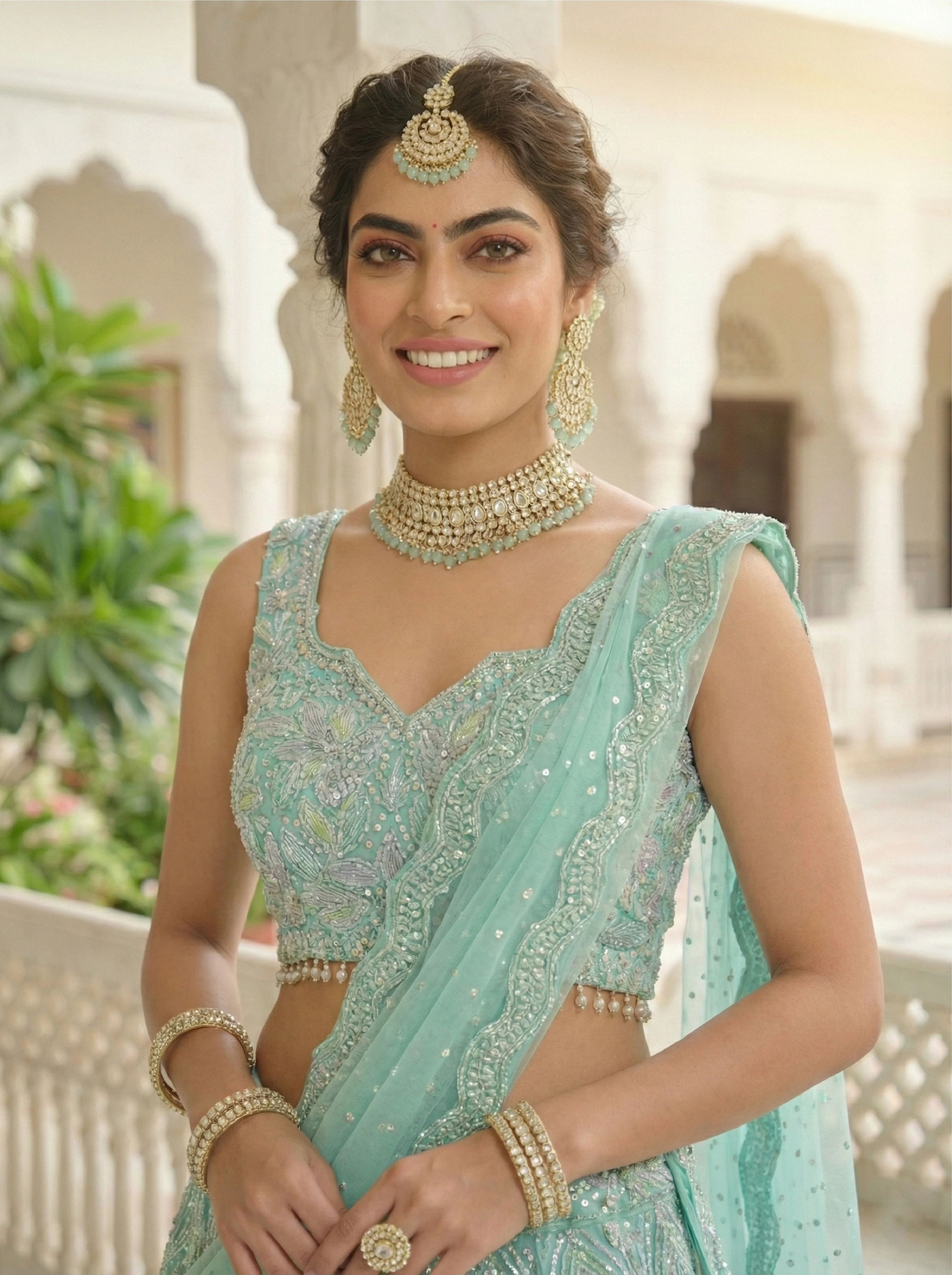 Ice Blue Net With Heavy Beads And Sequins Ghagra Set - Image 4