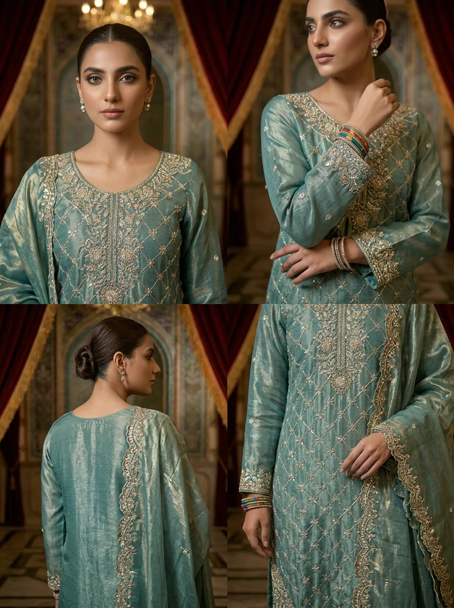 Ice Blue Silk Embroidery Palazzo Set With Dupatta - Image 3