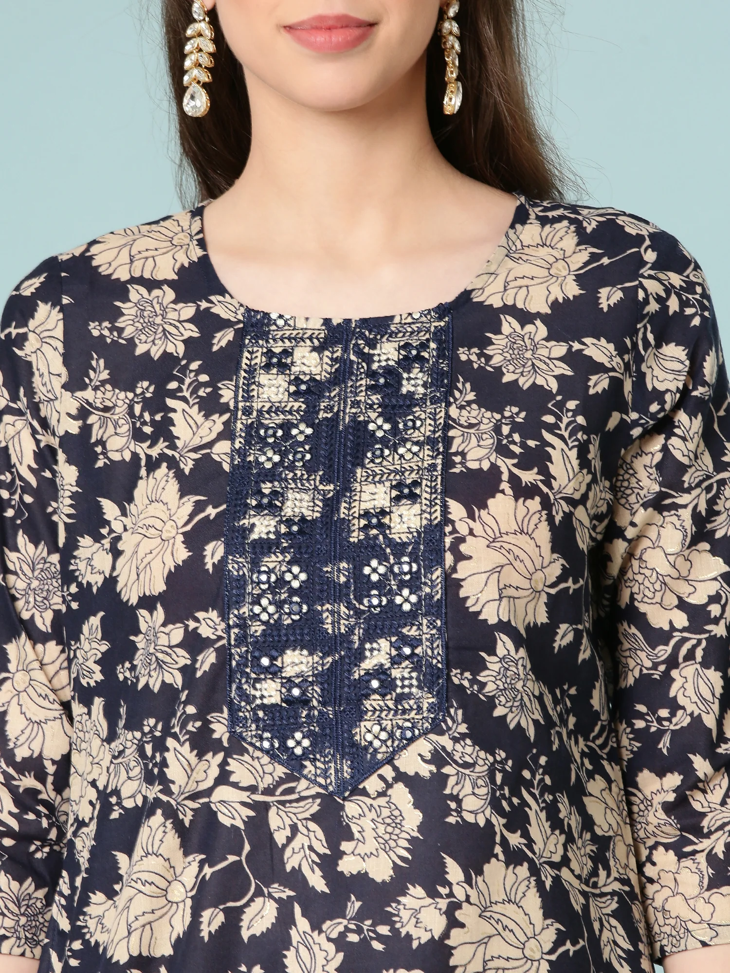 Indigo Blue Modal Silk Floral Digital Print Three Piece Set - Image 4