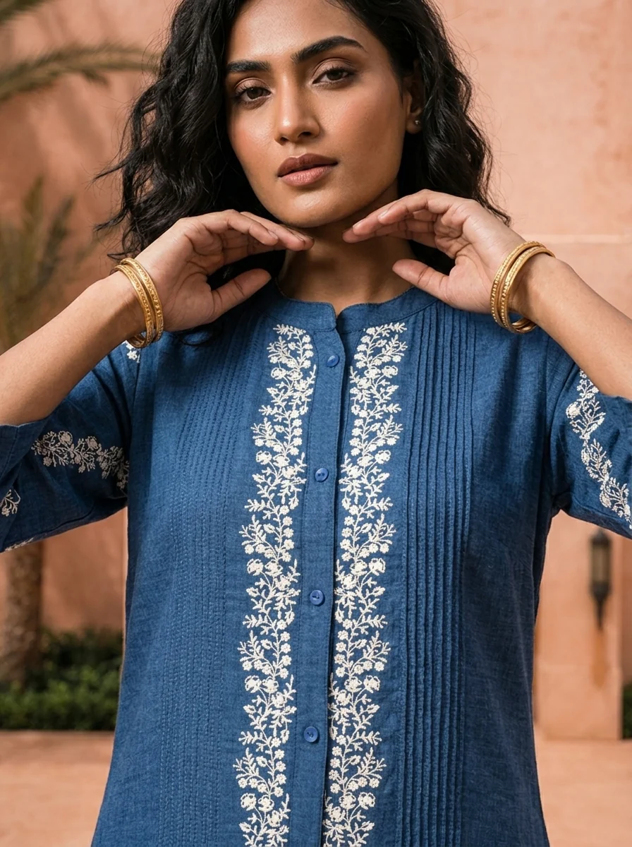 Indigo Blue Thread Embroidered Rayon Two Piece Set