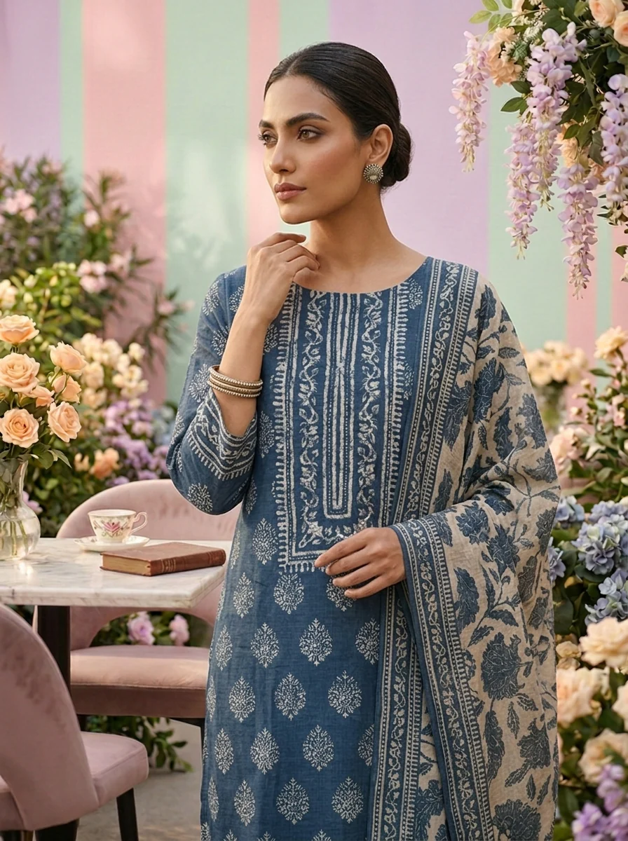 Indigo Chanderi Printed Three Piece Set - Image 5