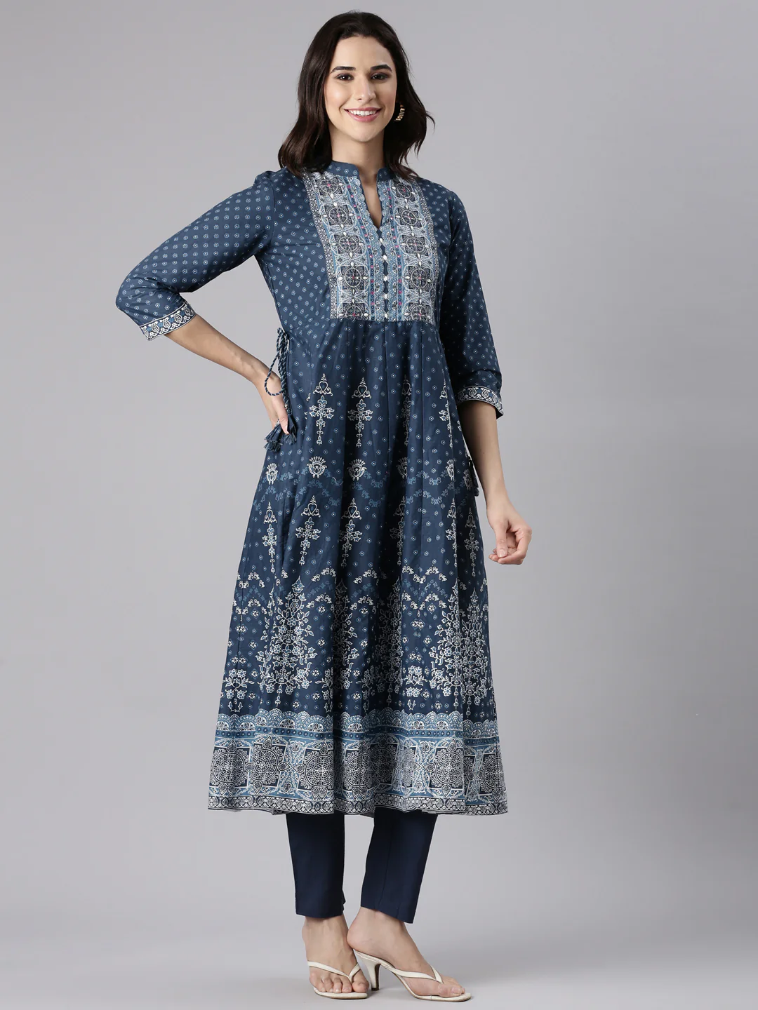 Indigo Cotton Printed Anarkali Three Piece Set - Image 2