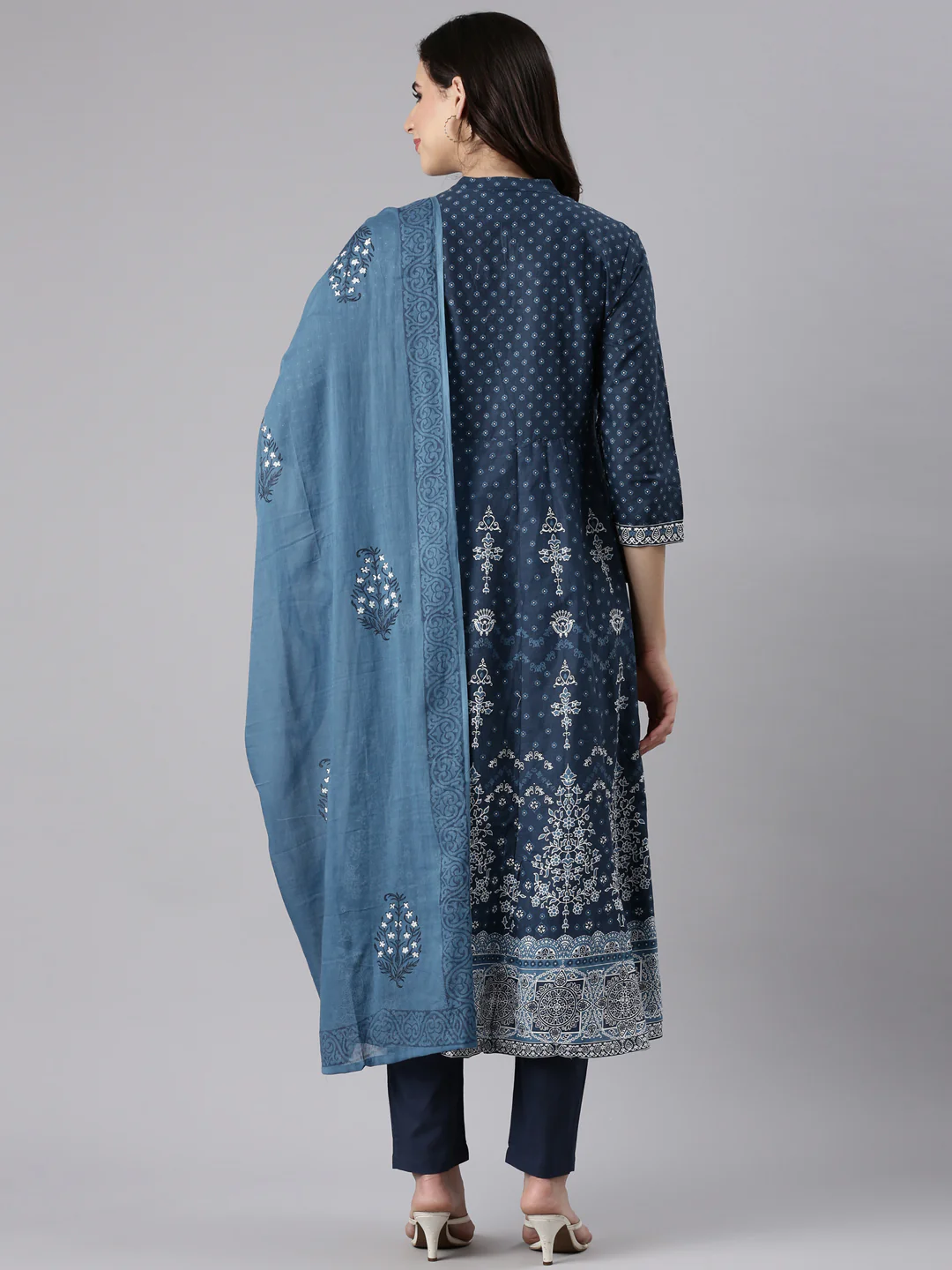 Indigo Cotton Printed Anarkali Three Piece Set - Image 3