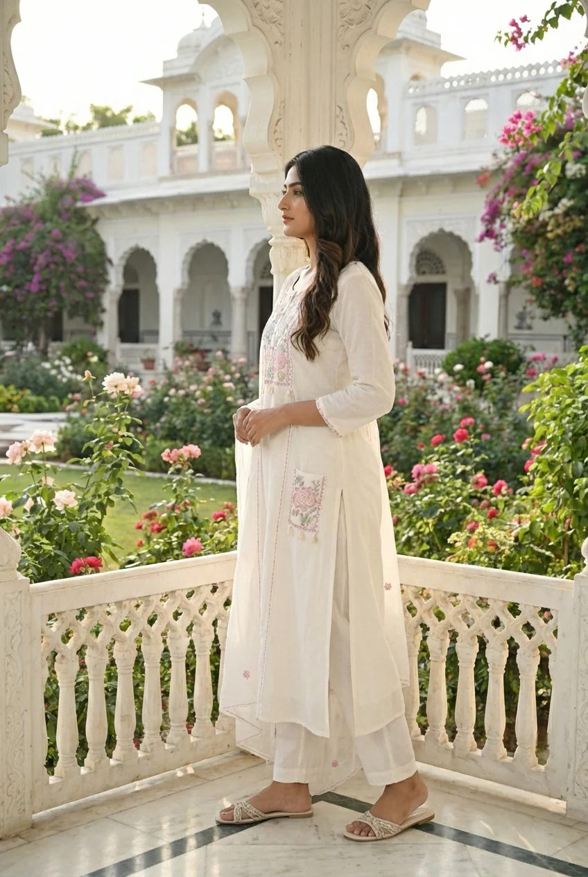 Ivory Cotton Embroidery Three Piece Set - Image 2
