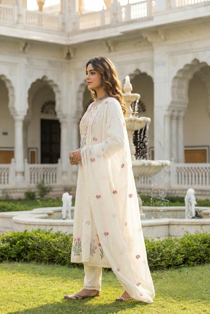 Ivory Cotton Floral Printed Three Piece Set - Image 3