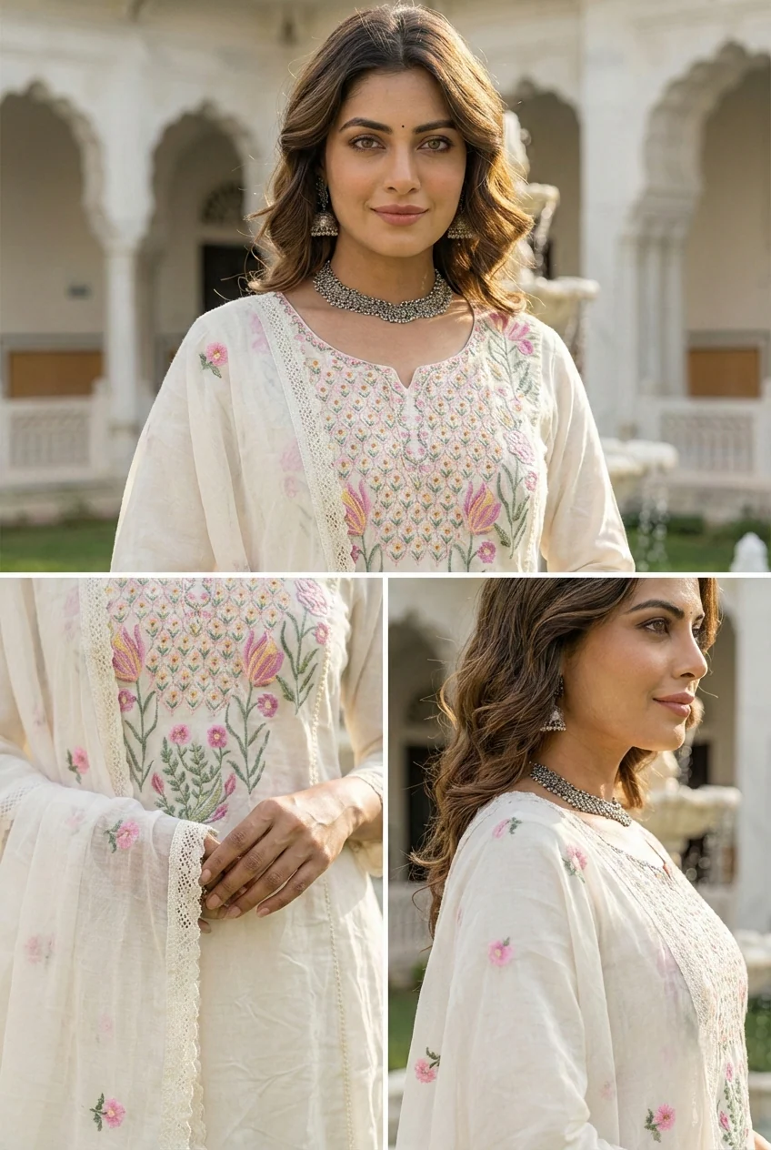 Ivory Cotton Floral Printed Three Piece Set - Image 4