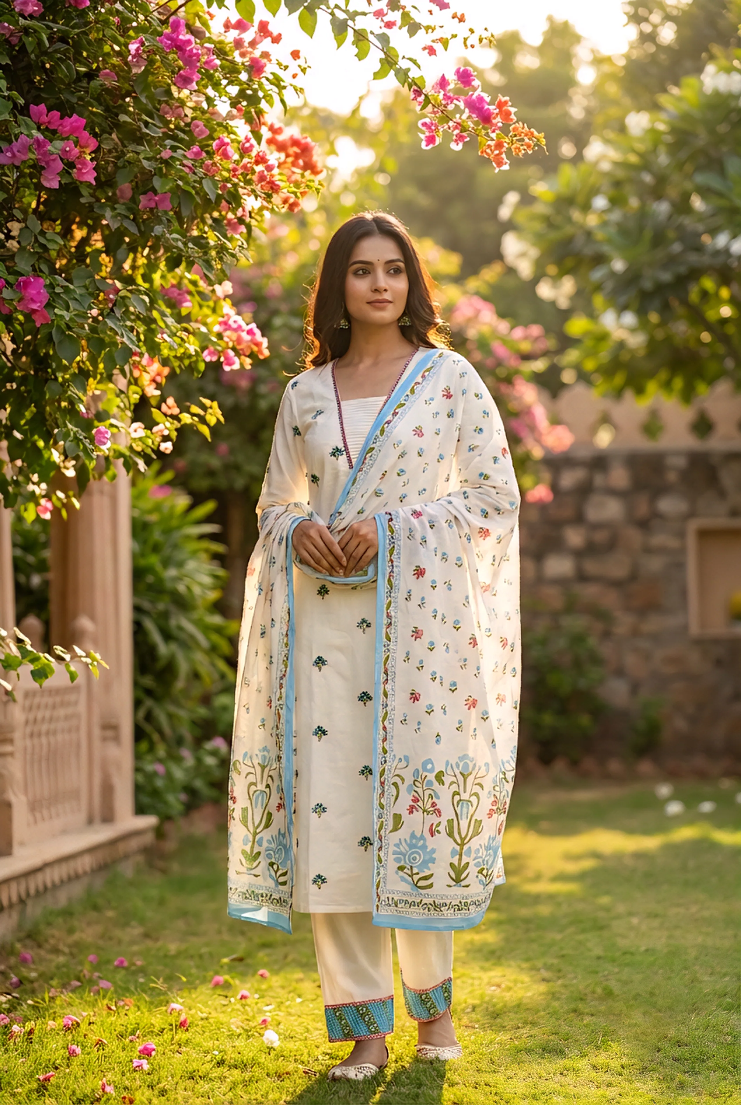 Ivory Cotton Floral Printed Three Piece Set