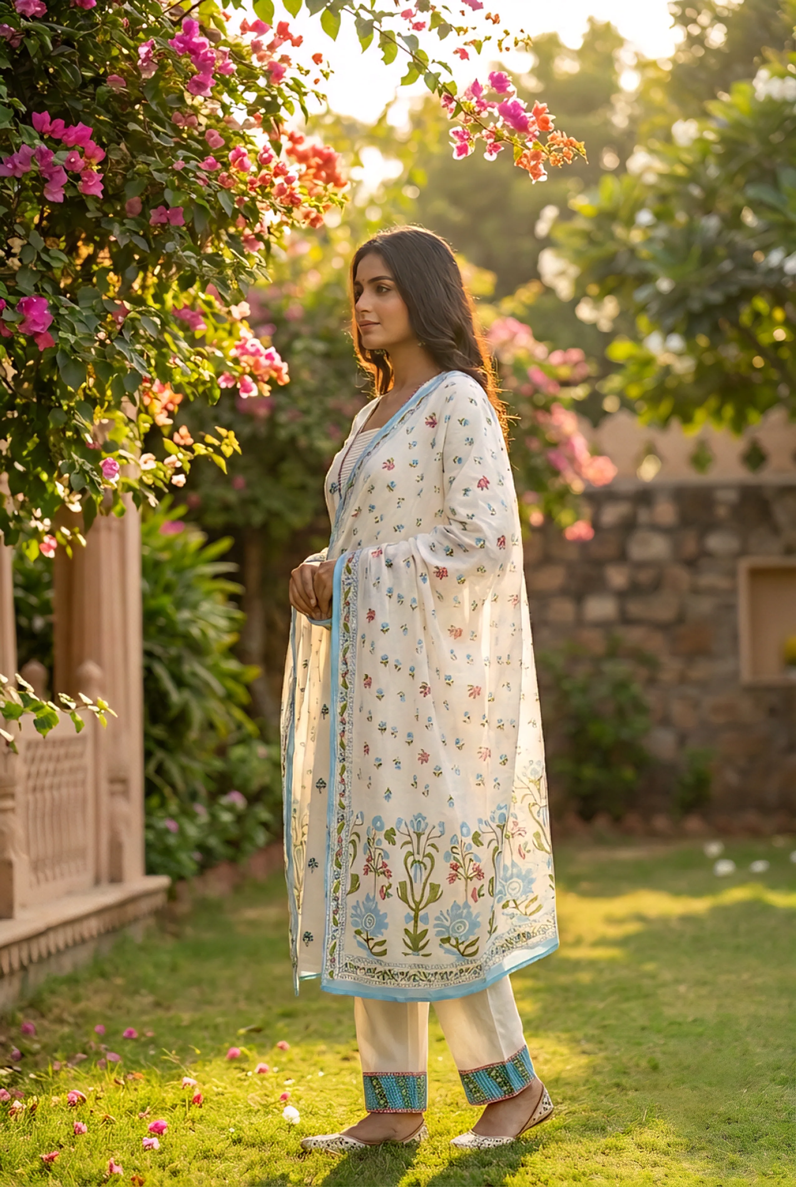 Ivory Cotton Floral Printed Three Piece Set - Image 2