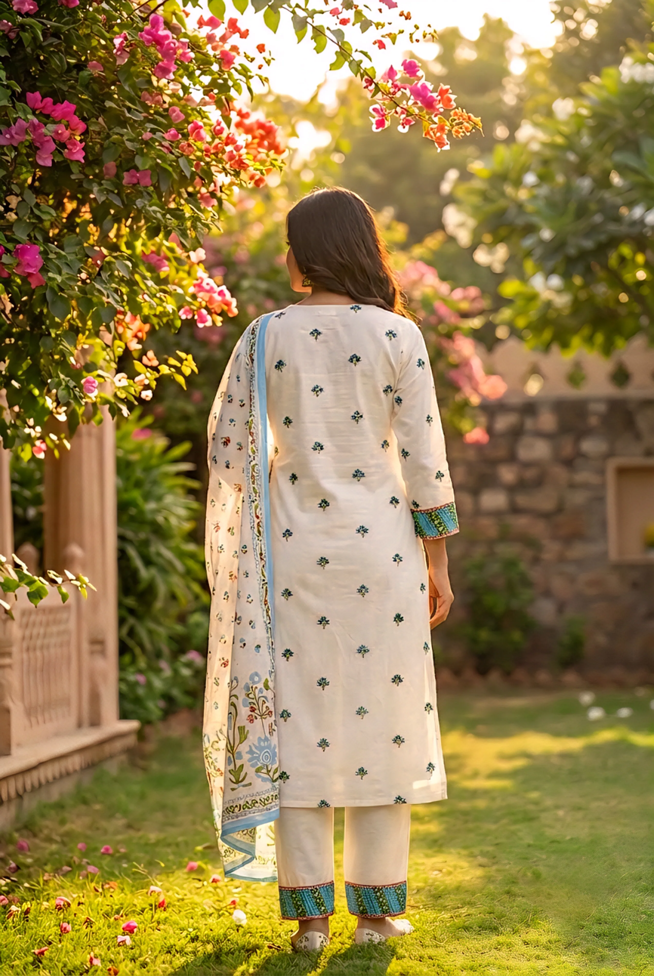 Ivory Cotton Floral Printed Three Piece Set - Image 3