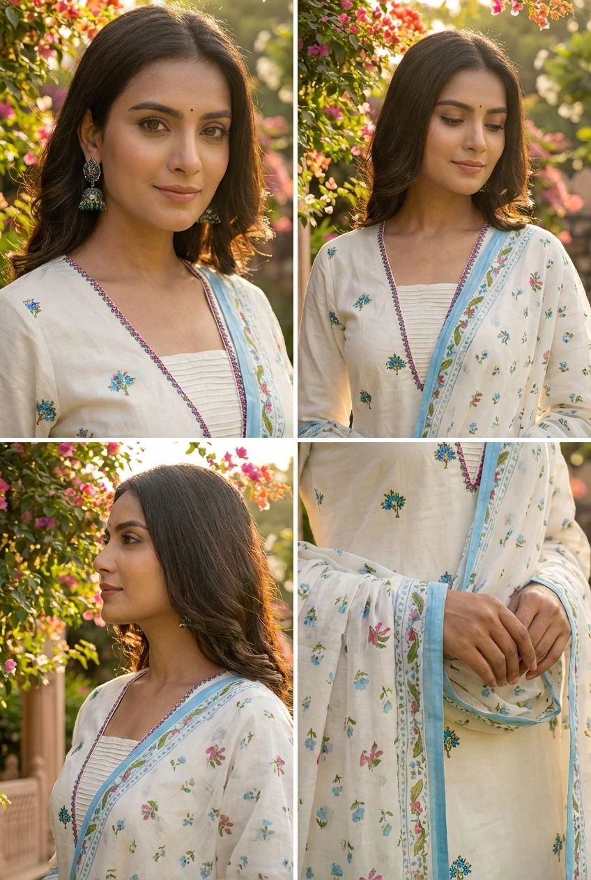 Ivory Cotton Floral Printed Three Piece Set - Image 6