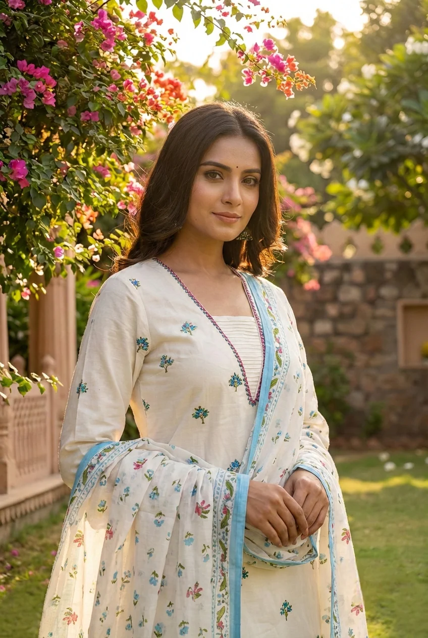 Ivory Cotton Floral Printed Three Piece Set - Image 7