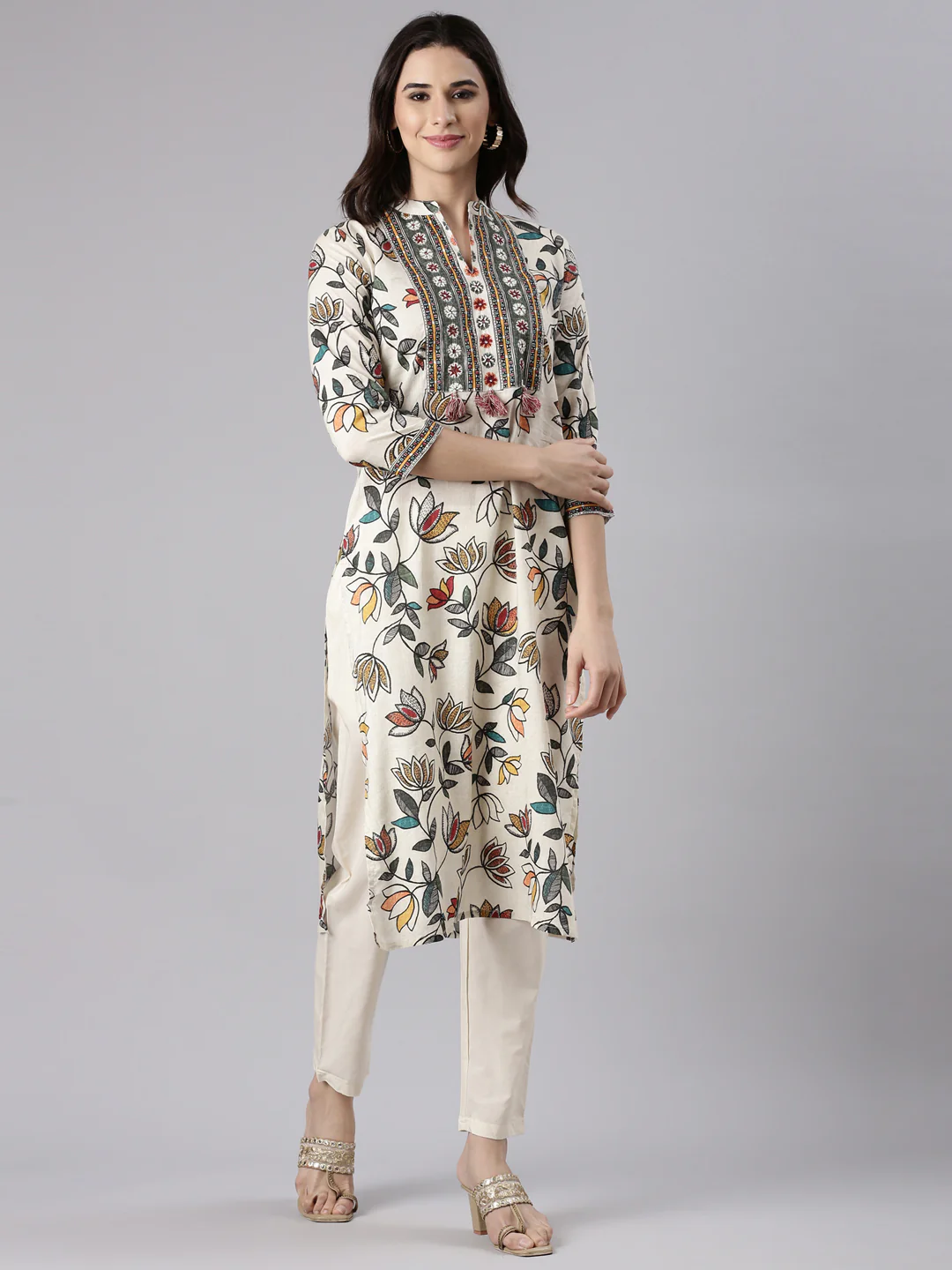 L Beige Slub Rayon Printed Three Piece Set - Image 2