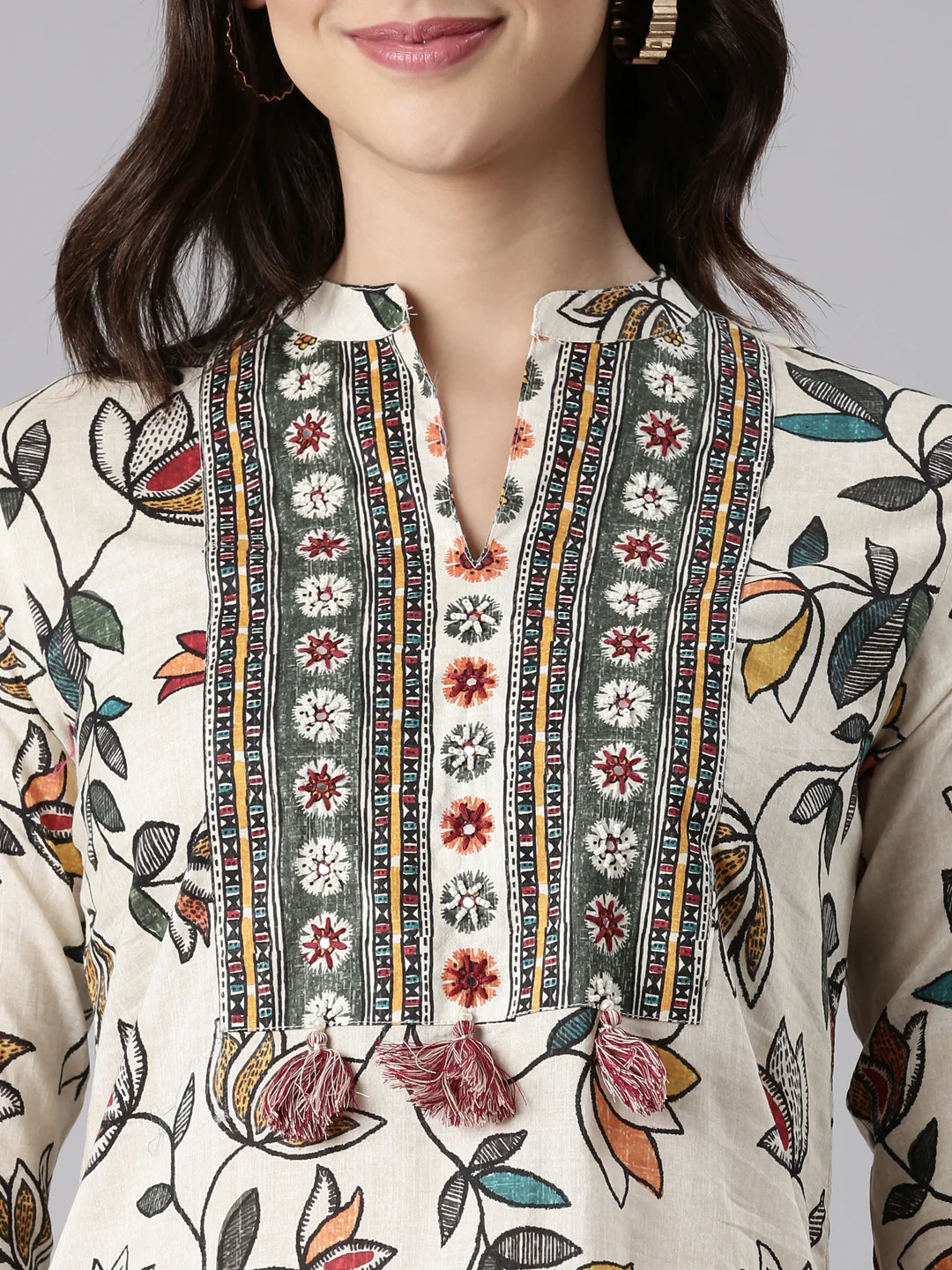 L Beige Slub Rayon Printed Three Piece Set - Image 4