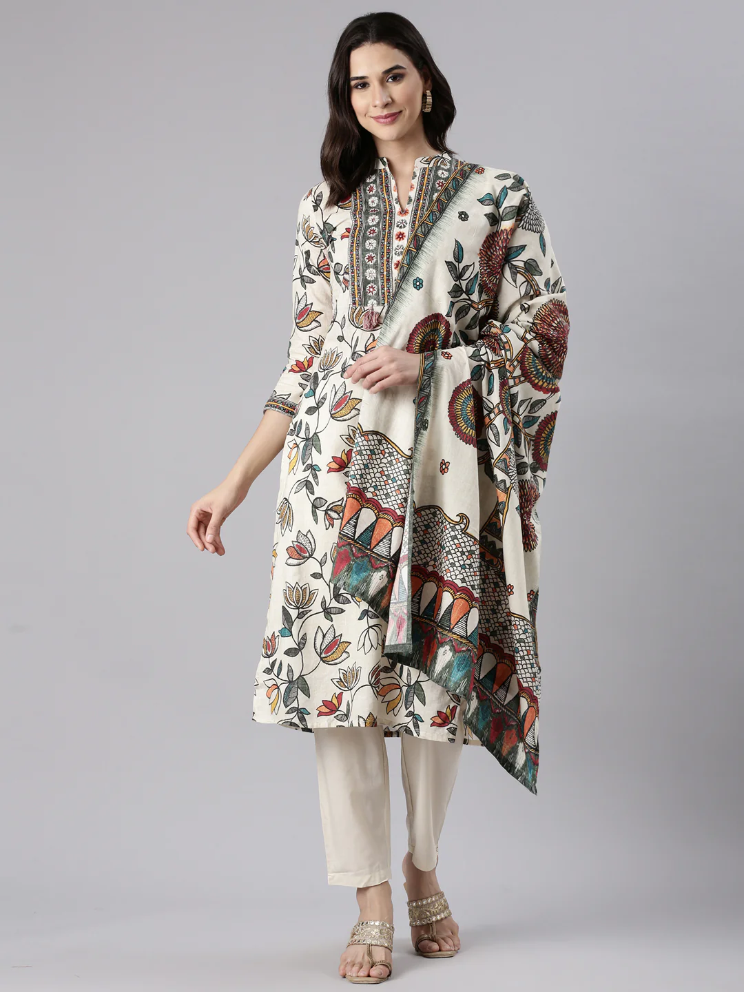 L Beige Slub Rayon Printed Three Piece Set - Image 5