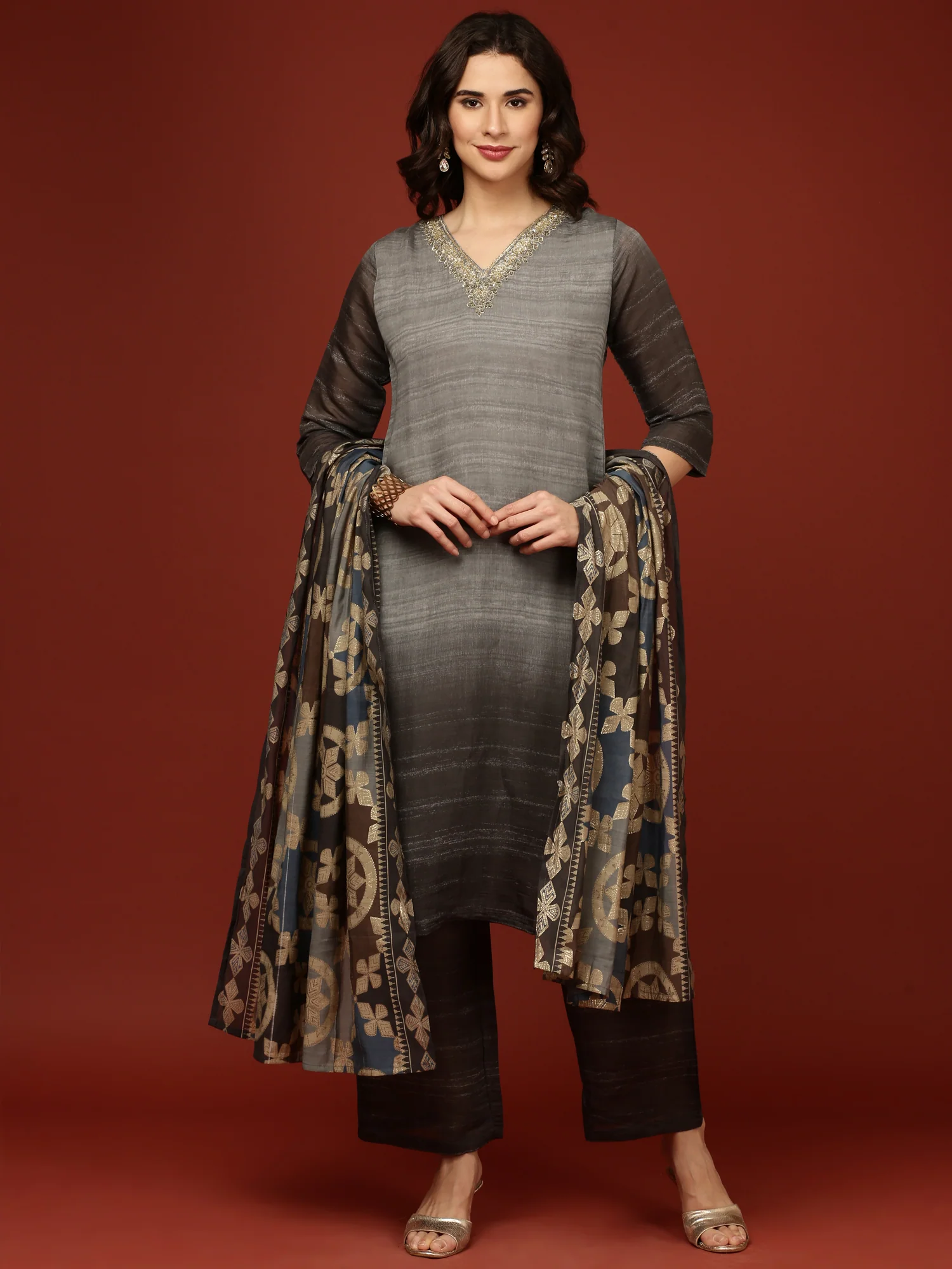 Light Grey Muslin Three Piece Set