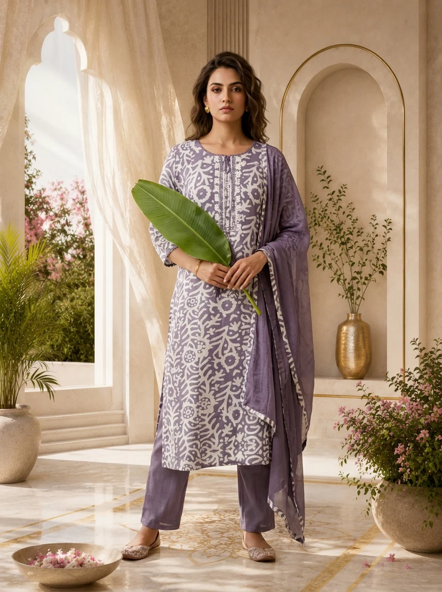 Lavender and White Chanderi Floral Printed Three Piece Set - Image 2