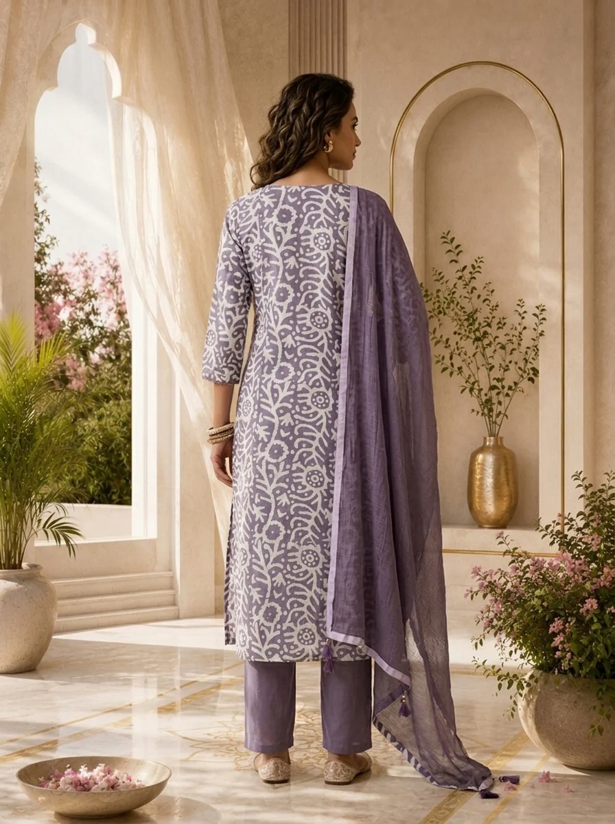 Lavender and White Chanderi Floral Printed Three Piece Set - Image 3