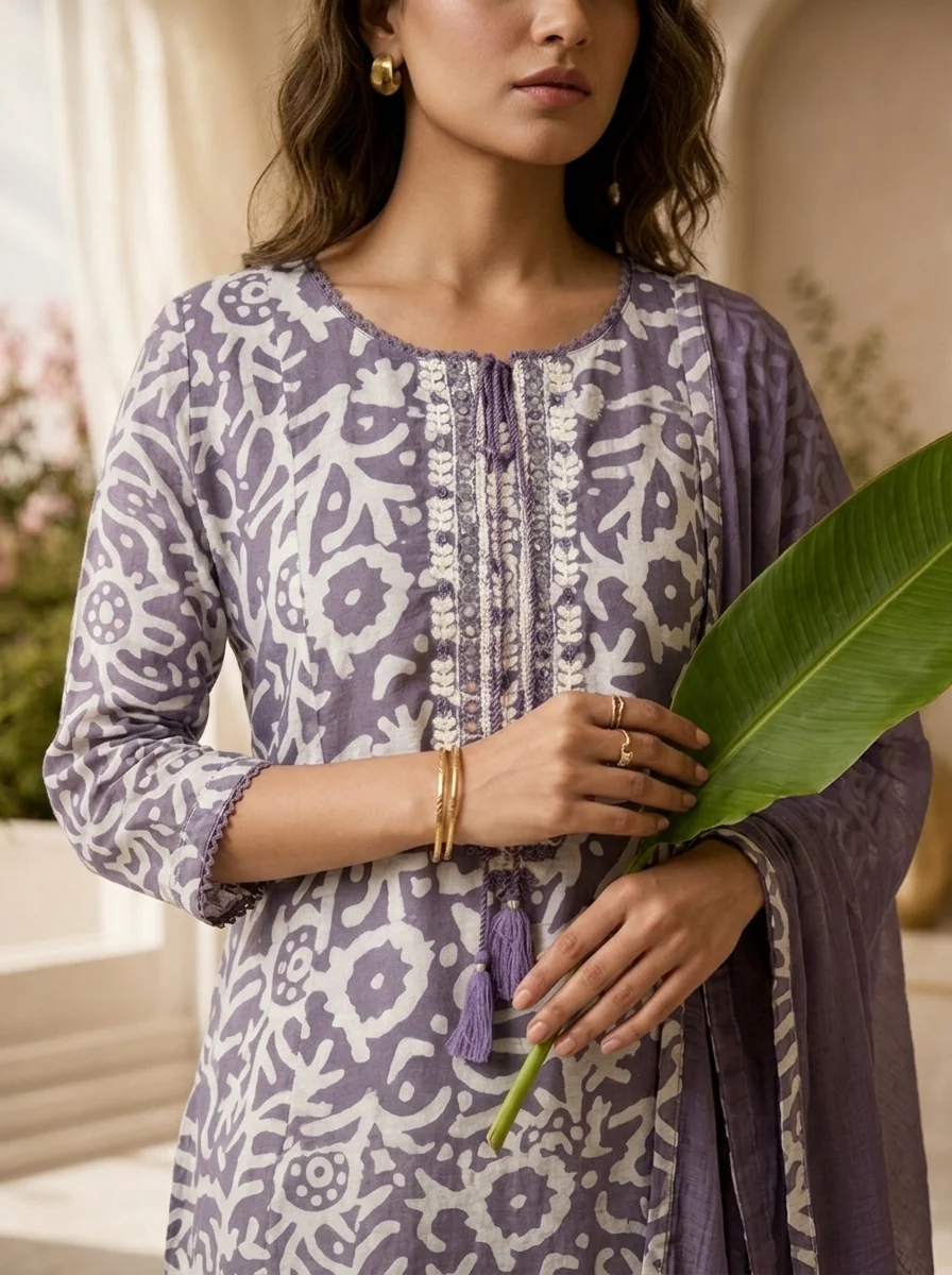 Lavender and White Chanderi Floral Printed Three Piece Set - Image 4