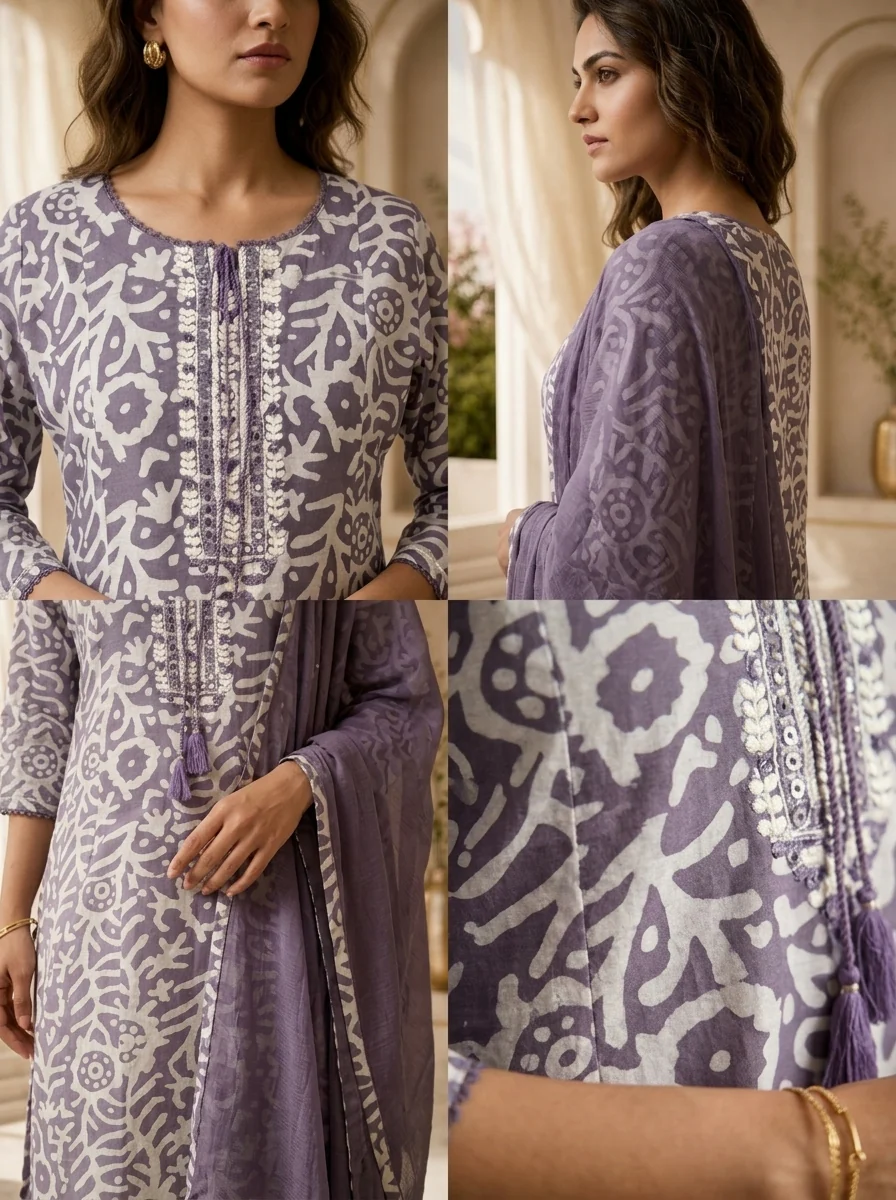 Lavender and White Chanderi Floral Printed Three Piece Set - Image 5