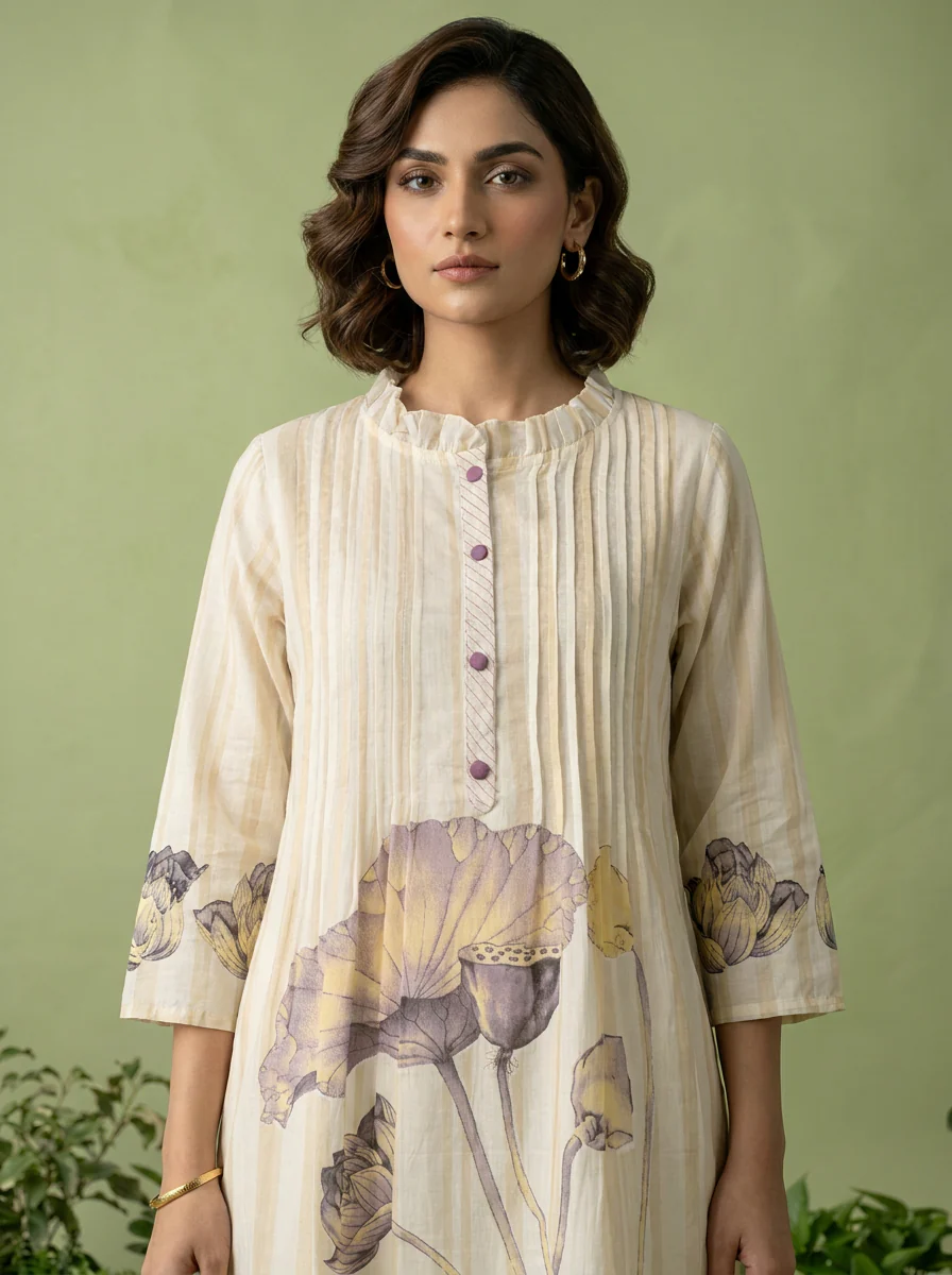 Lavender And White Cotton Pleated Design Two Piece Set - Image 4
