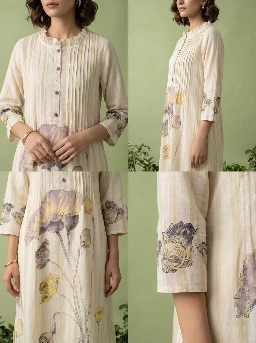 Lavender And White Cotton Pleated Design Two Piece Set - Image 5