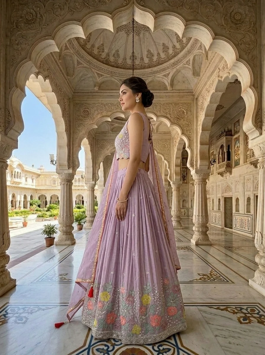 Lavender Chinon Beads Embroidery Ghagra Set - Image 2