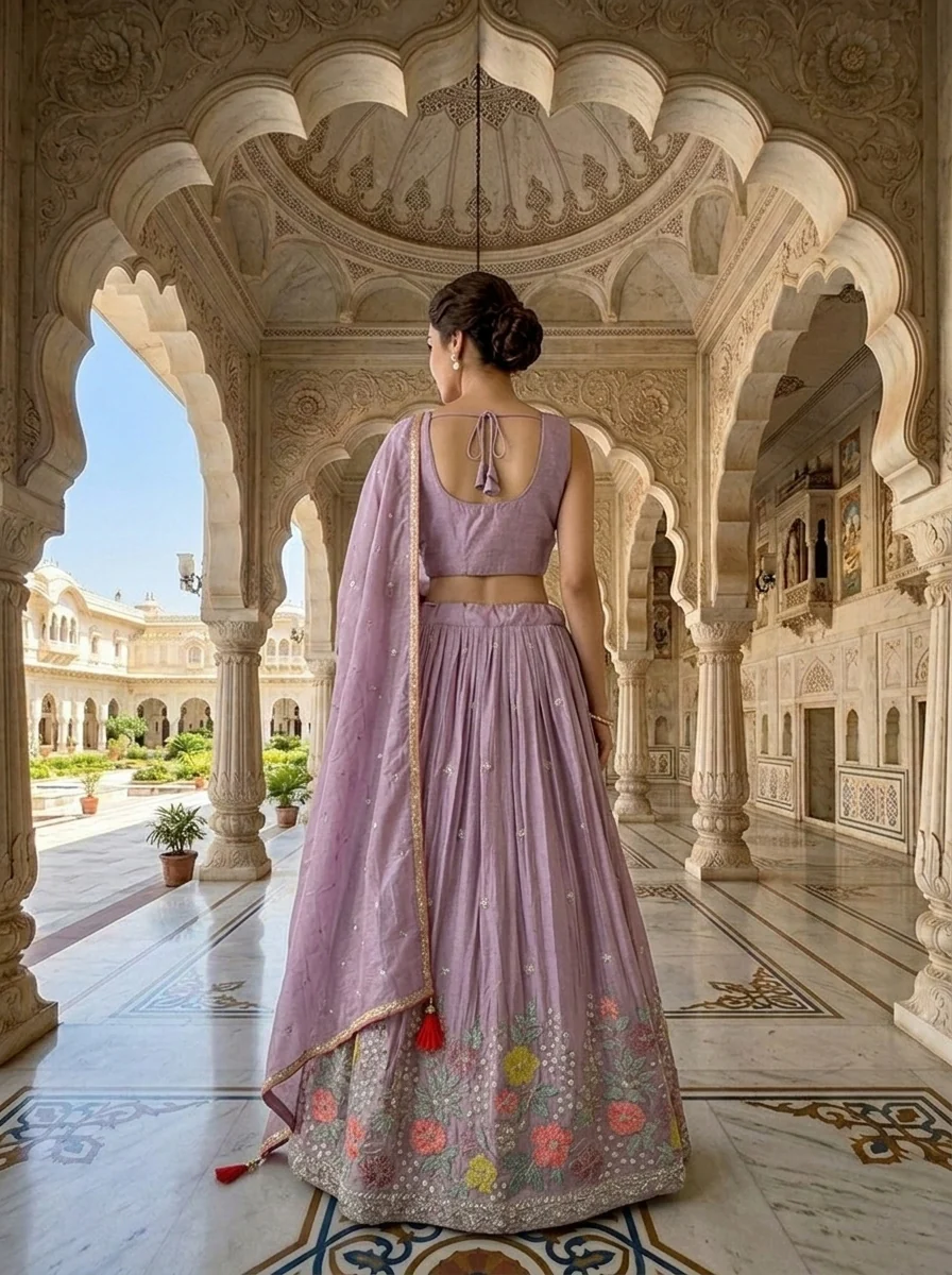 Lavender Chinon Beads Embroidery Ghagra Set - Image 3
