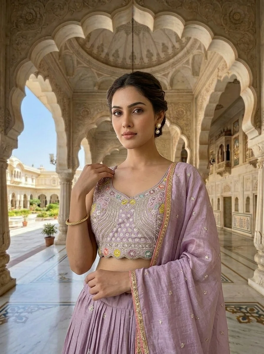 Lavender Chinon Beads Embroidery Ghagra Set - Image 4