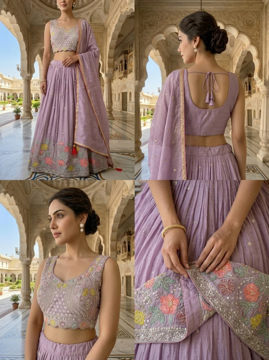 Lavender Chinon Beads Embroidery Ghagra Set - Image 5