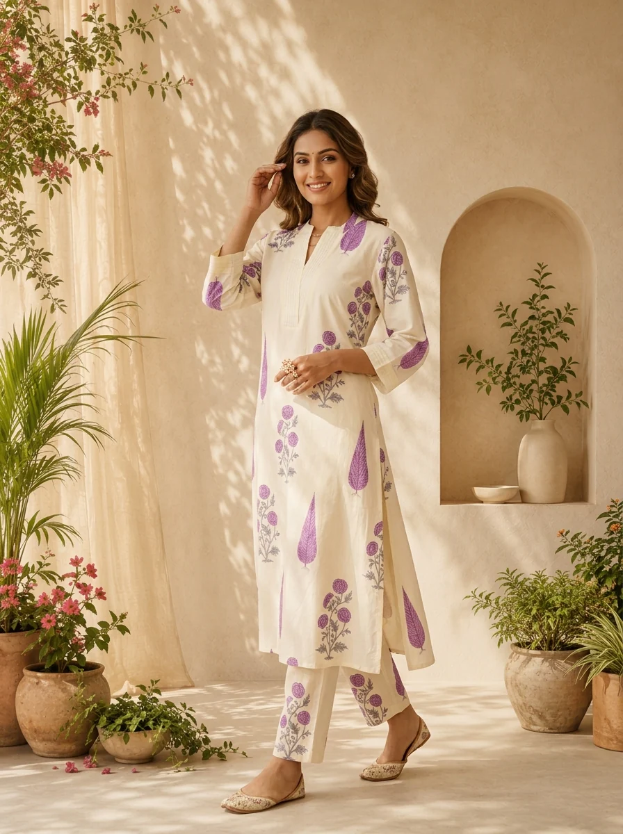Lavender Cotton Floral Printed And Pleated Two Piece Set - Image 2