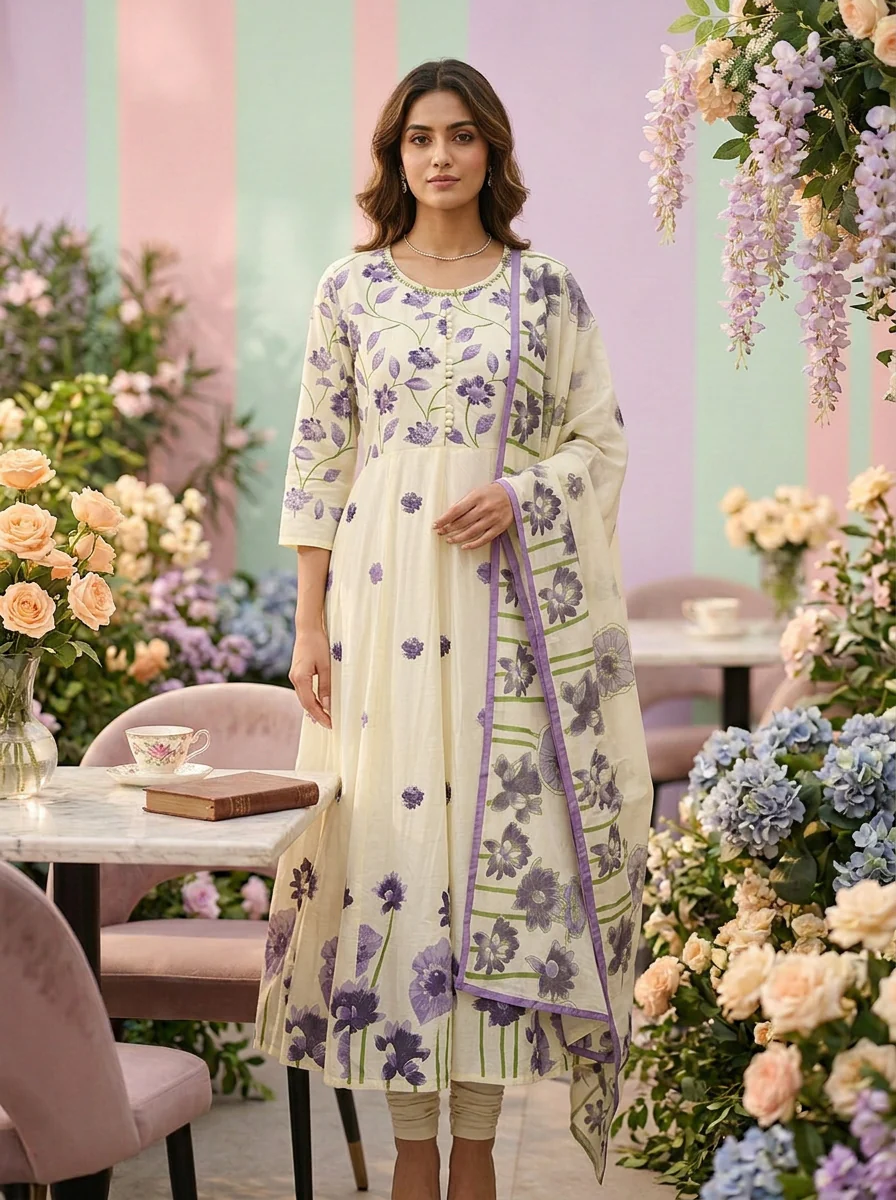 Lavender Cotton Floral Printed Three Piece Set