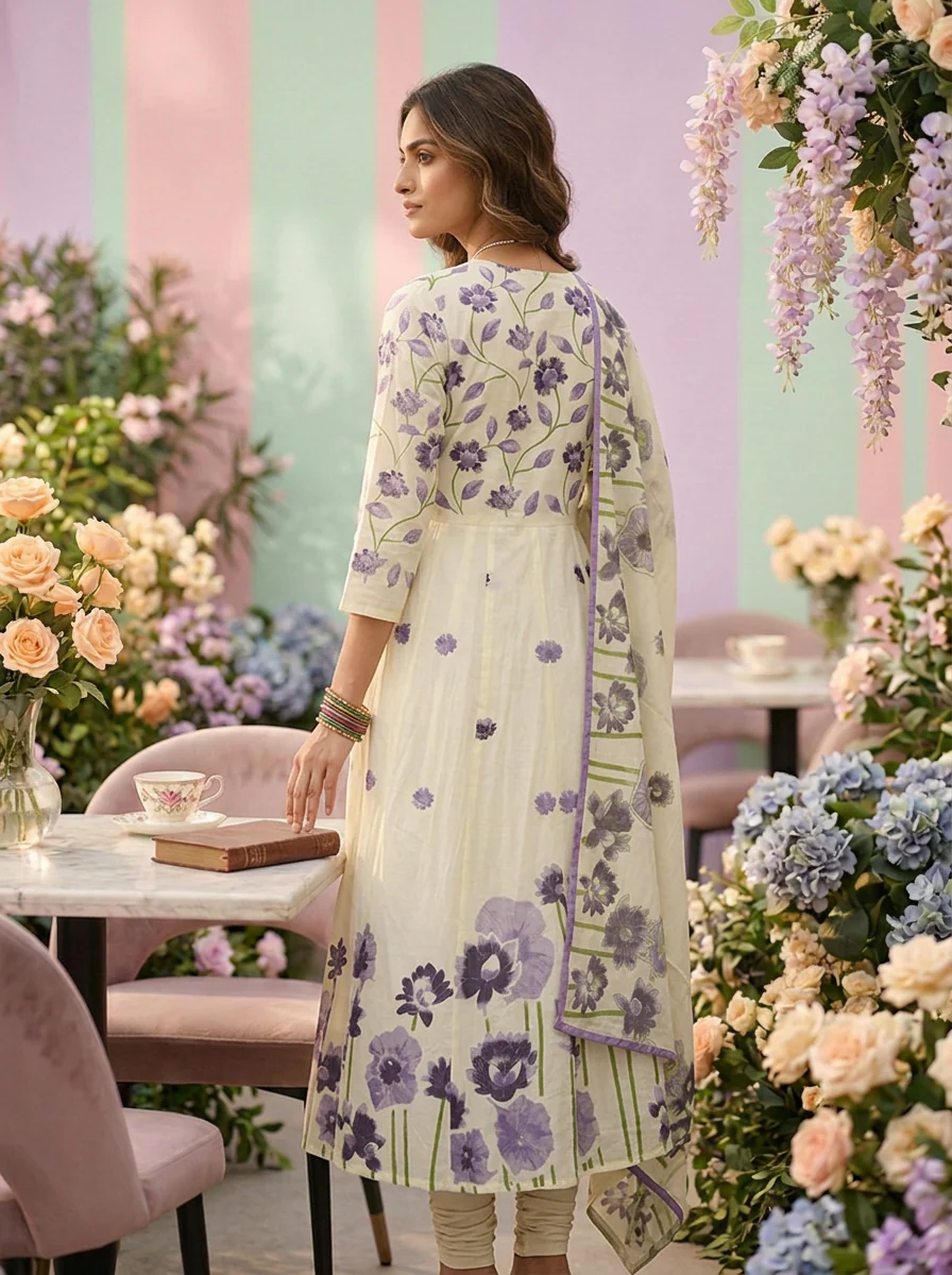 Lavender Cotton Floral Printed Three Piece Set - Image 2