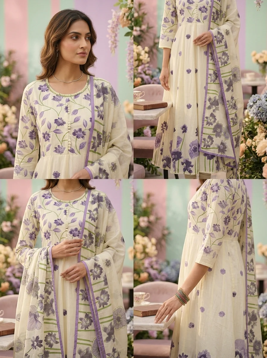 Lavender Cotton Floral Printed Three Piece Set - Image 3