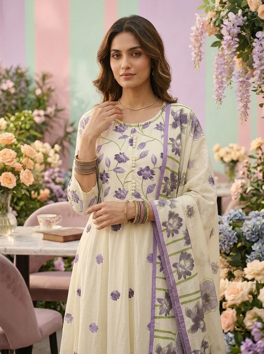 Lavender Cotton Floral Printed Three Piece Set - Image 5