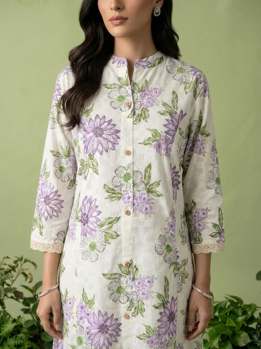 Lavender Cotton Heavy Floral Printed Two Piece Set - Image 4