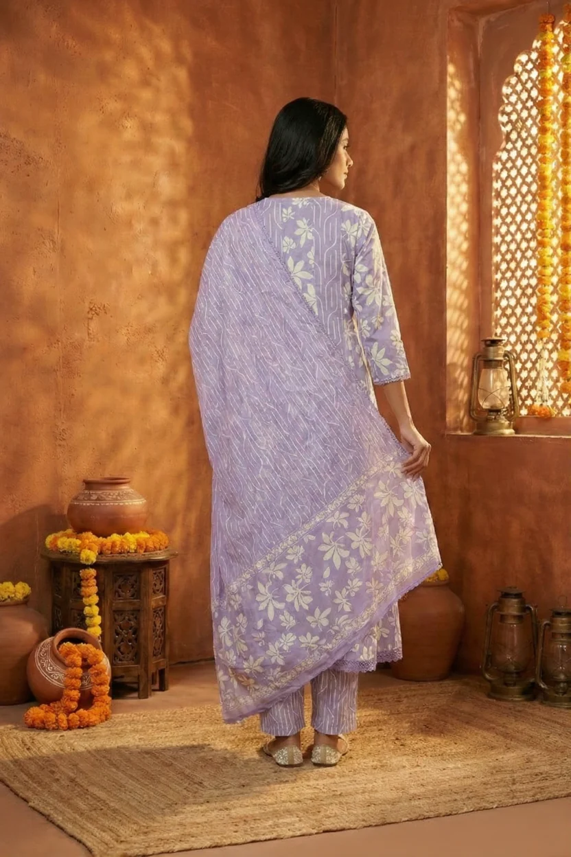 Lavender Cotton Thread Embroidered Three Piece Set - Image 3