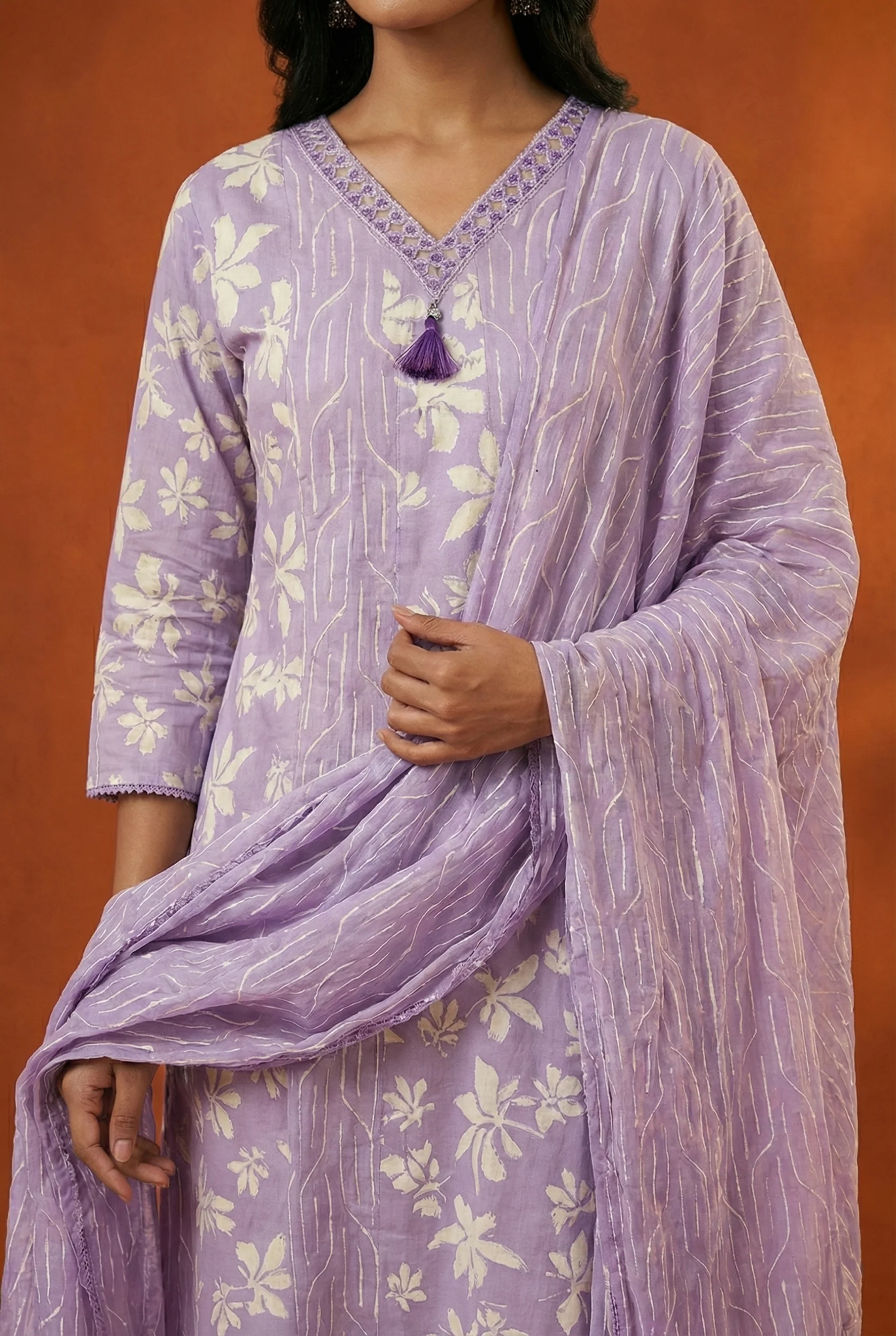 Lavender Cotton Thread Embroidered Three Piece Set - Image 4