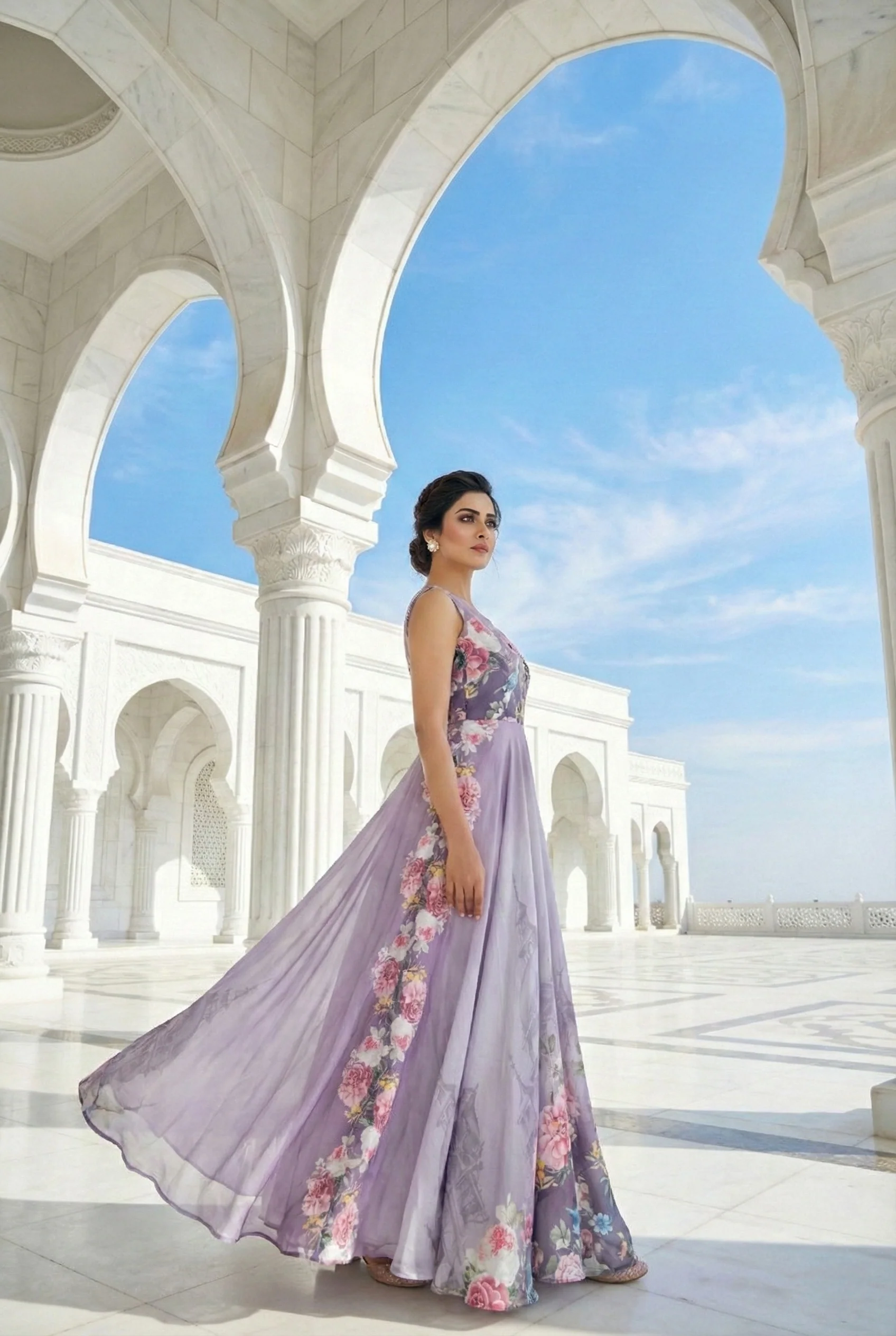 Lavender Crepe Floral Hand Embroidered Long Dress - Image 2