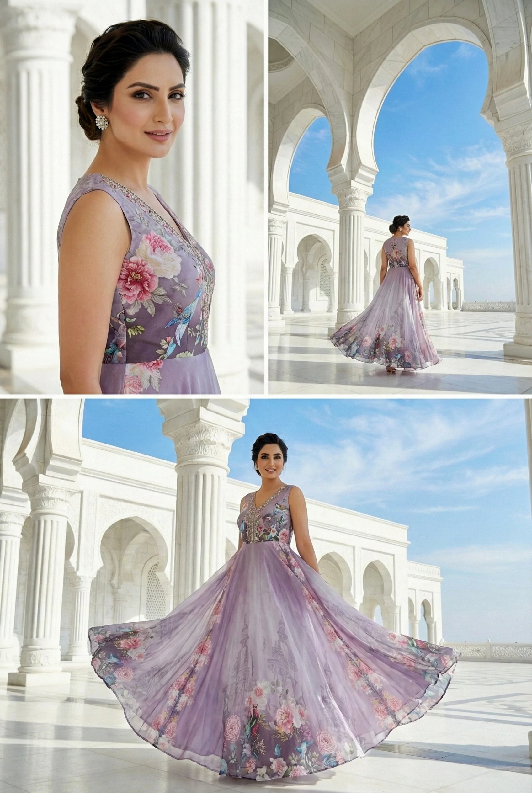 Lavender Crepe Floral Hand Embroidered Long Dress - Image 4