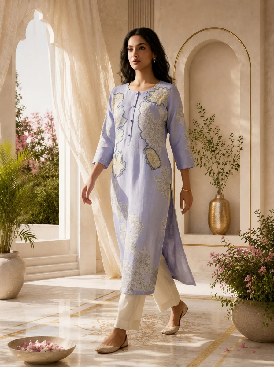 Lavender Floral Design And Beads Embroidered Linen Kurta - Image 2