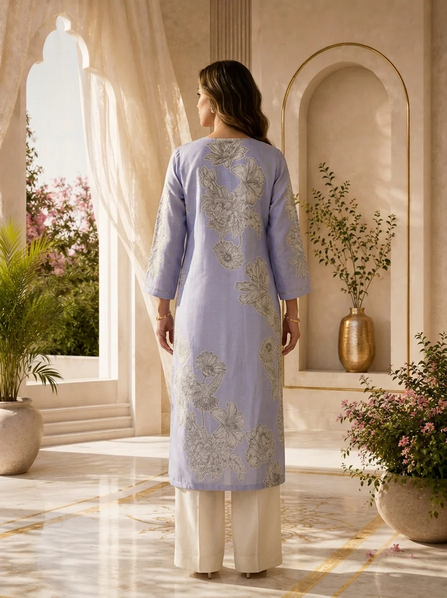 Lavender Floral Design And Beads Embroidered Linen Kurta - Image 3