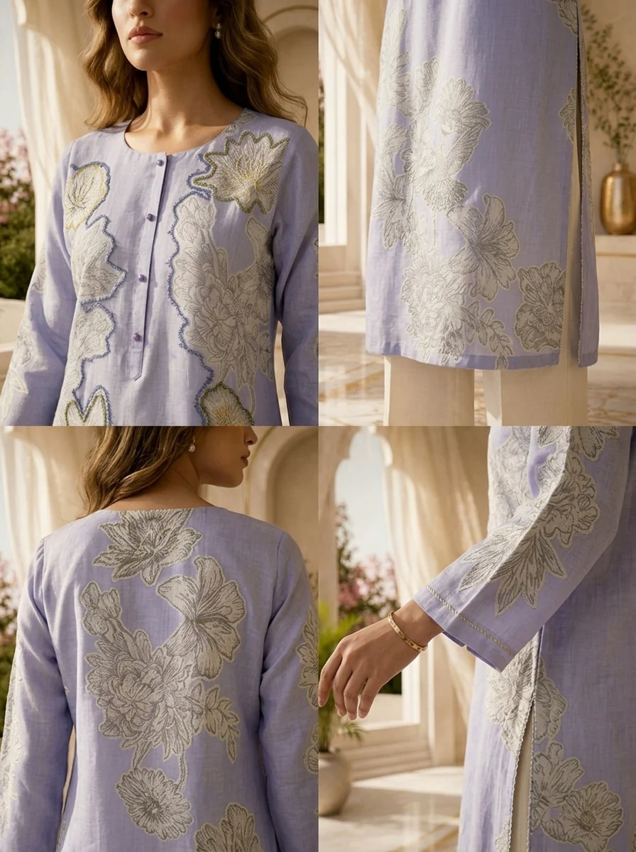 Lavender Floral Design And Beads Embroidered Linen Kurta - Image 5