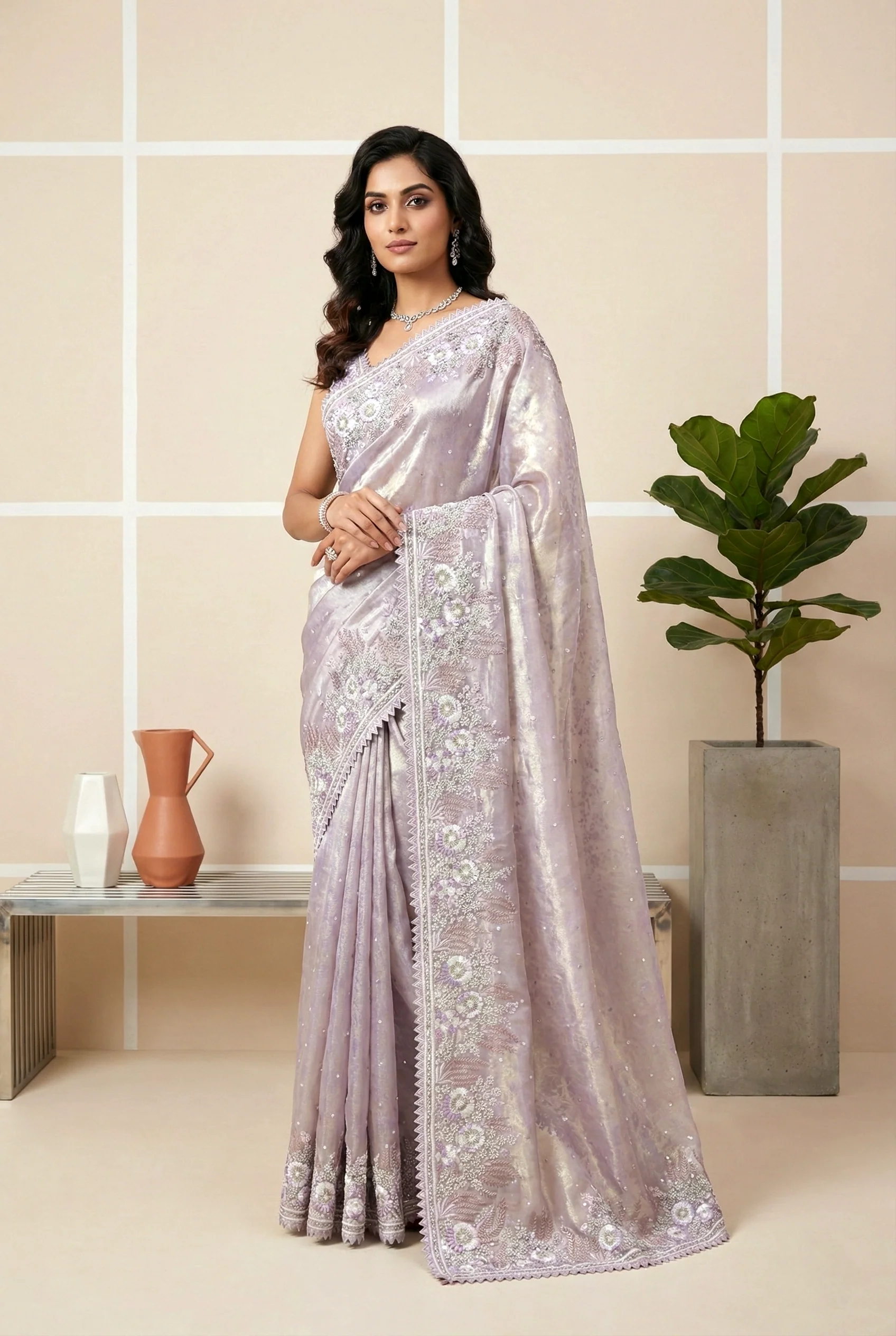 Lavender Hand-Embroidered Organza Saree
