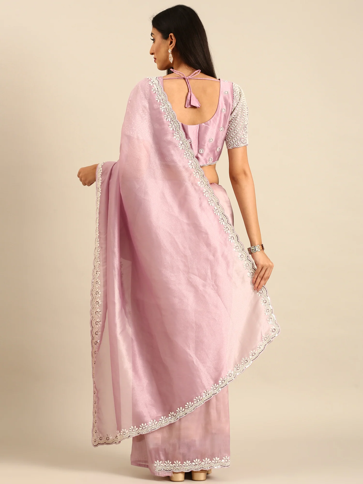 Lavender Jimmy Tissue Saree With Pearls & Beads Embroidery With Heavy Readymade Blouse - Image 2