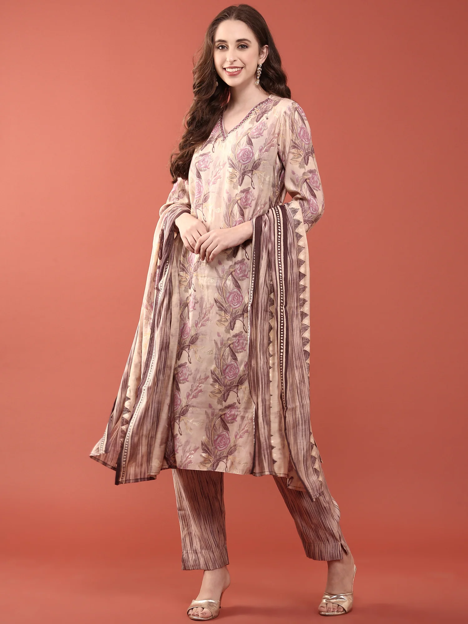 Lavender Modal Silk Floral Digital Print Three Piece Set - Image 5