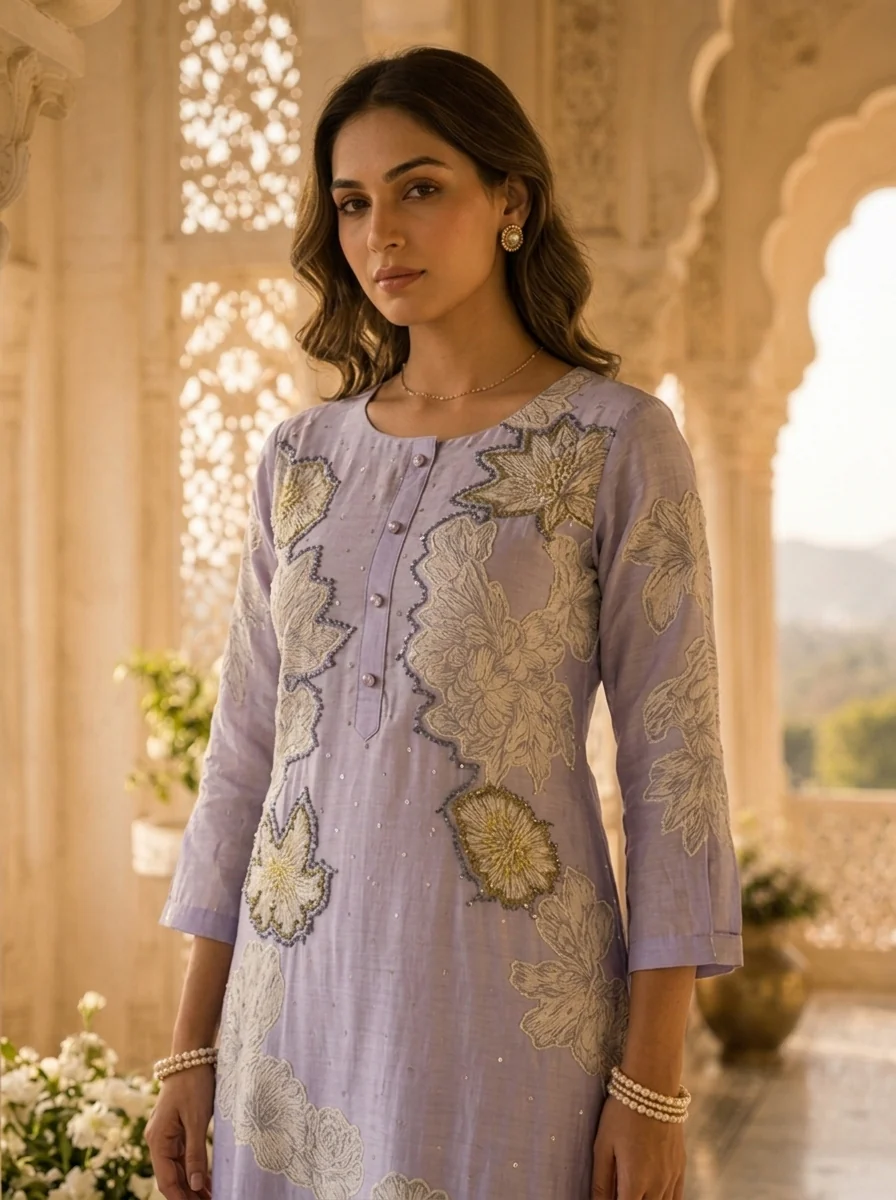 Lavender Muslin Floral Printed Three Piece Set - Image 4