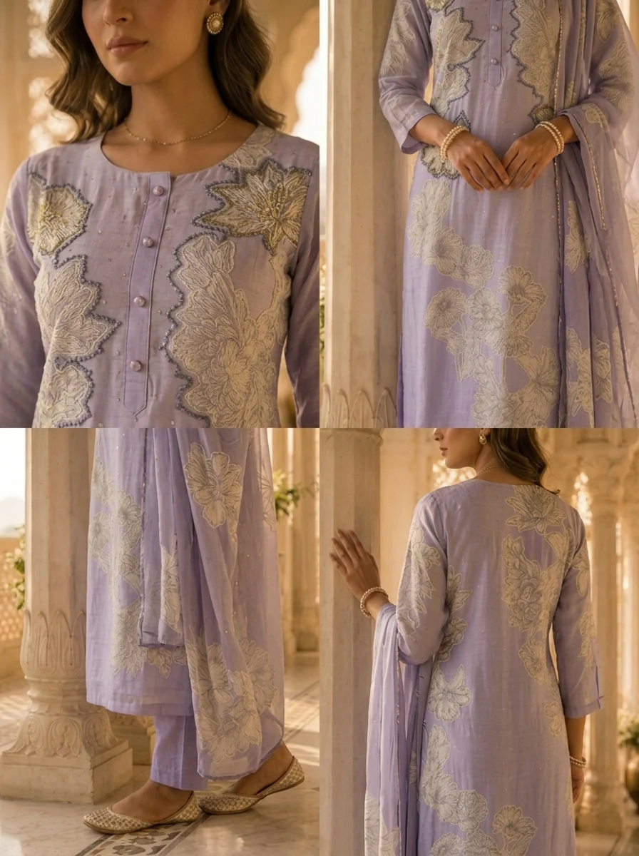 Lavender Muslin Floral Printed Three Piece Set - Image 5