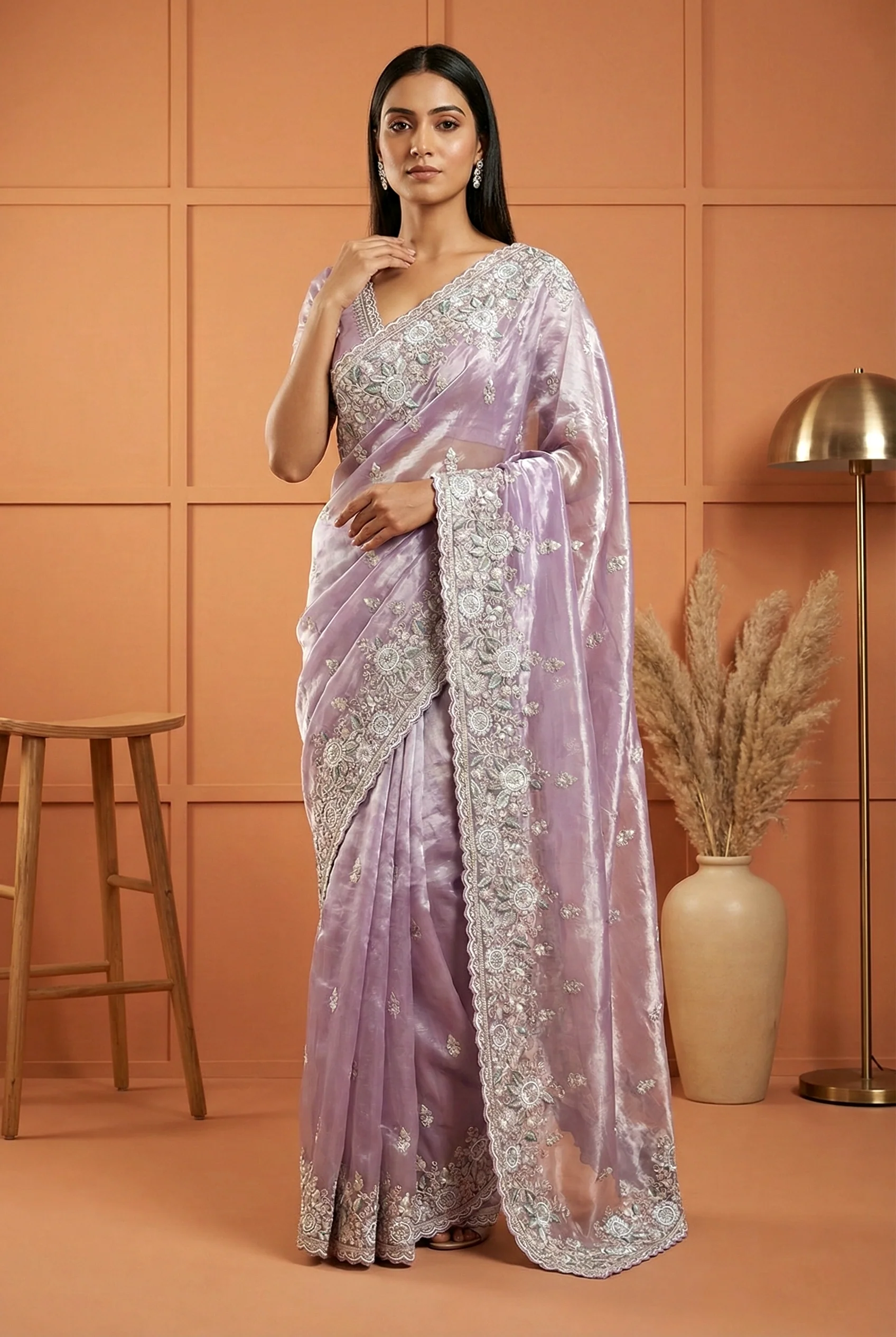 Lavender Organza Heavy Aari Embroidery Saree