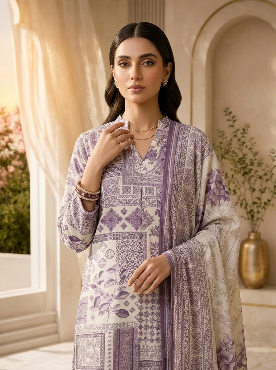 Lavender Printed Rayon Three Piece Set - Image 4